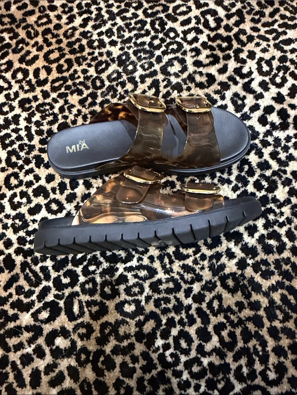 MIA Tortoiseshell Double-Strap Slide Sandals with Gold Buckles - Picture 2 of 4